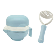 Load image into Gallery viewer, Blue baby food prepping kit has five stackable pieces and one blue food masher.