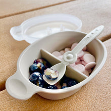 Load image into Gallery viewer, Blueberries in one section are cut by feeding spoon for little ones. Baby yogurt melts are in the other section