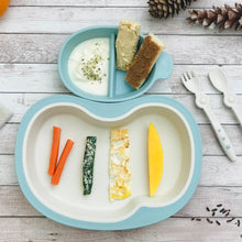 Load image into Gallery viewer, Baby led weaning plate and bowl. Carrot strips, mango strip, egg strip, and zucchini strip coated with parmesan cheese in baby plate. Toasted bread and yogurt topped with hemp seeds in sectioned bowl