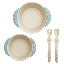 Load image into Gallery viewer, Blue bowls in two sizes are BPA free. Baby spoon and fork come with weaning bowls.