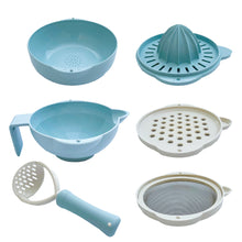 Load image into Gallery viewer, Blue colored baby food prepping kits grinder, masher, juicer, mashing bowl, and stainless steel strainer in one set.
