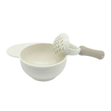 Load image into Gallery viewer, Baby Food Masher Bowl has a large handle and ridges in the bowl and comes with a hand masher.