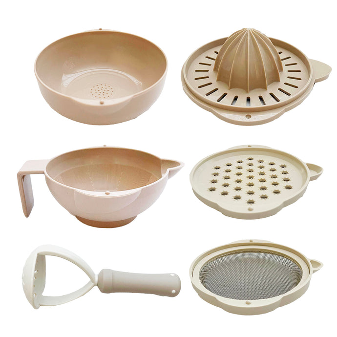 Littoes food prep set included six pieces, which are a mashing bowl, a hand masher, a metal strainer, a grater, a citrus juicer, and a grinding bowl.
