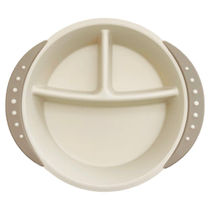 Baby plate with three sections and beige side handles.