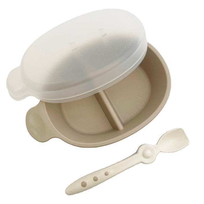 Littoes Travel Bowl Set includes a divided bowl with handle, a lid, and a feeding spoon in neutral color.