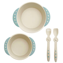 Load image into Gallery viewer, Blue bowls in two sizes are BPA free. Baby spoon and fork come with weaning bowls.
