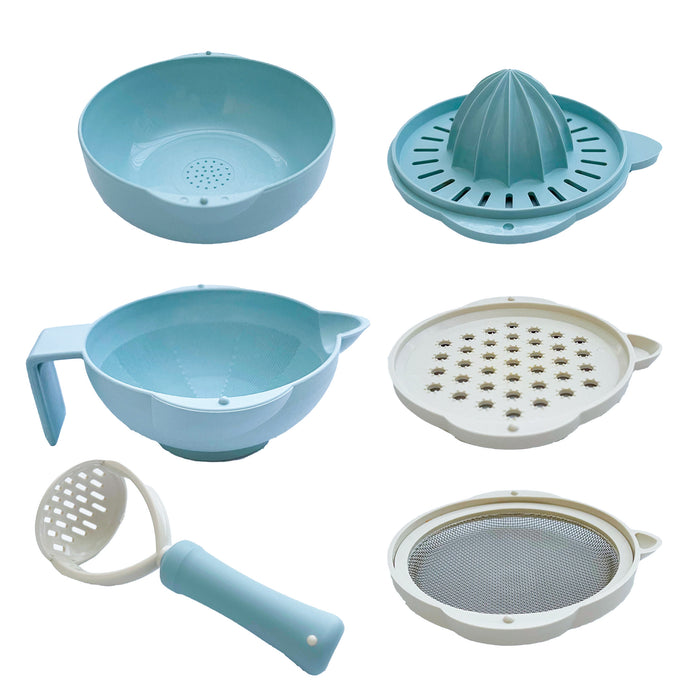 Blue colored baby food prepping kits grinder, masher, juicer, mashing bowl, and stainless steel strainer in one set.