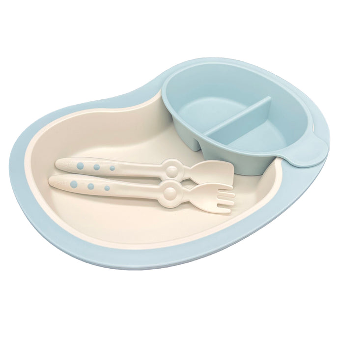 Blue divided bowl nested in dinner plate with nonslip base. A plate set for picky eaters.